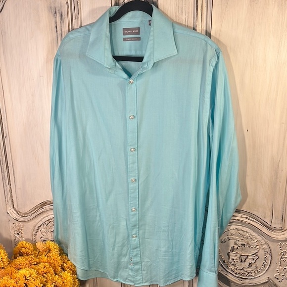 Michael Kors Slim Fit Stretch Light Aqua Long Sleeves Button-Up Shirt - Picture 2 of 8